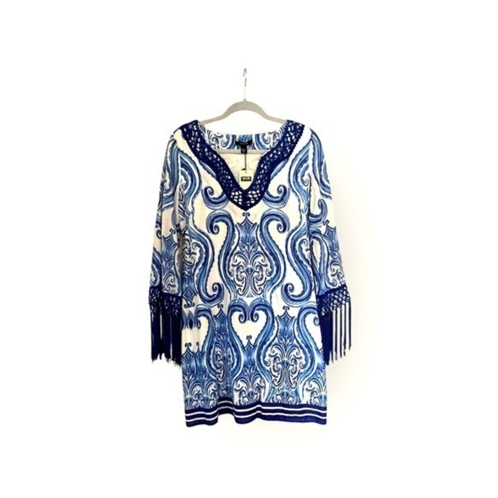 Vintage-Inspired Blue & White Fringe Tunic Dress Size XS Beach Resort Vacation